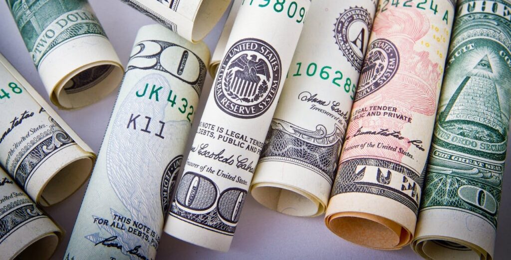 dollar bills 8 rolls American dollar bills consisting of 1 american dollar, bill, 2 American dollar bill, 10 American dollar bill, 20 American dollar bill, and 100 American dollar bill