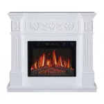 electric fireplace Elegant white electric fireplace with ornate carvings, featuring realistic, glowing orange flames and embers, creating a cozy ambiance.